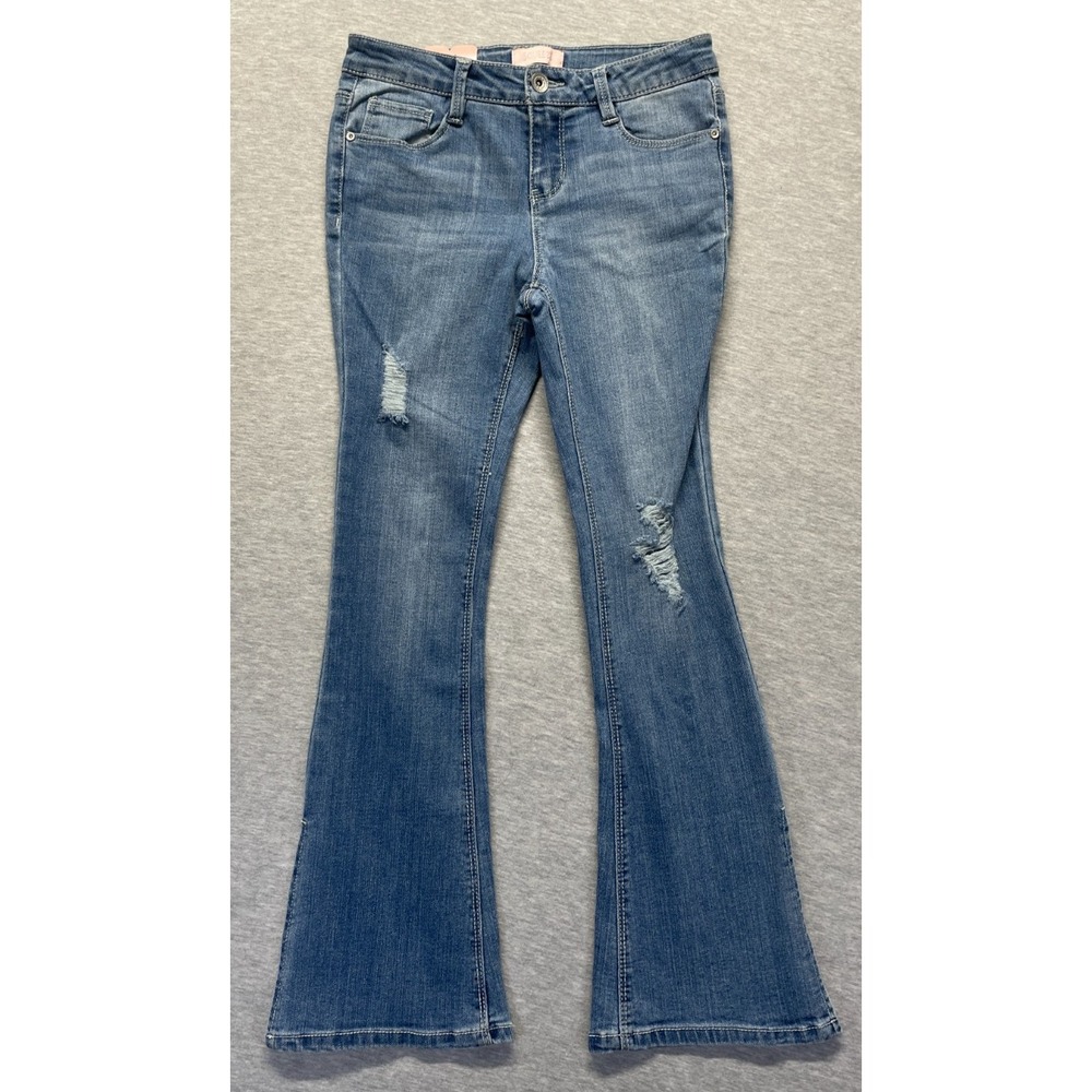 Squeeze Flared Jeans Womens 10 Blue Denim Medium Wash Cotton Mid Rise Distressed